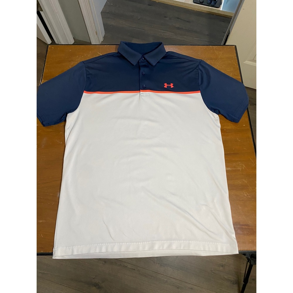 Under Armour Playoff Polo Men Medium Navy White Excellent Colorblock HeatGear